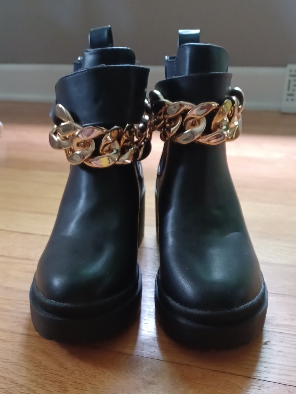 Halston Heritage Black Vegan Leather Ankle Boots with Removable Gold Chain